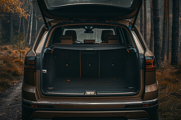 Spacious car trunk open in a forest setting, perfect for outdoor adventures and showcasing the vehicle's capacity.