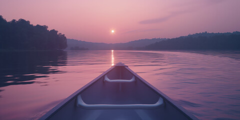 Canoe on Tranquil Lake During Pink Sunset with Scenic Nature View