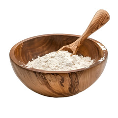Natural wood bowl holding a mound of light-colored baking powder or flour with a matching wooden scoop set against white.