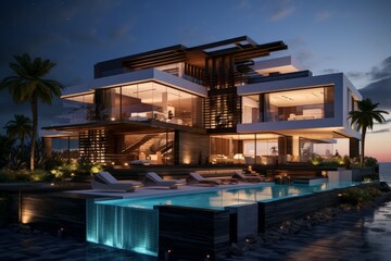 Obraz premium Modern beachfront villa with illuminated interiors and poolside lounging area during dusk