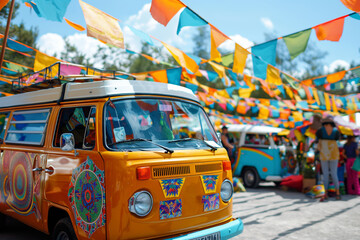 Vibrant Summer Festival with Colorful Retro Vans and Festive Bunting Decorations