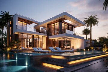 Obraz premium Elegant modern villa with lighting, reflecting in a serene pool surrounded by palm trees at twilight