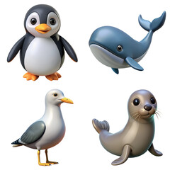 Collection of cute arctic animals including penguin, blue whale, seagull bird and seal