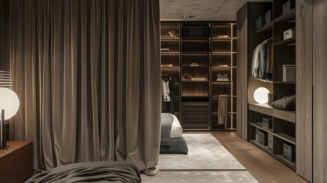 luxury interior bedroom with a  velvet curtain partition