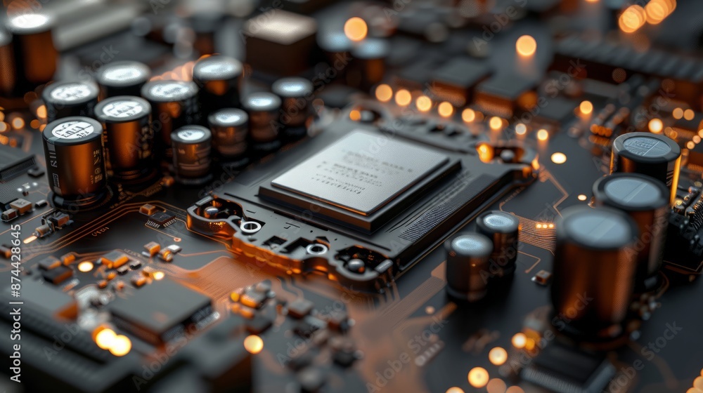 Poster detailed view of a circuit board: heat sink and power component integration