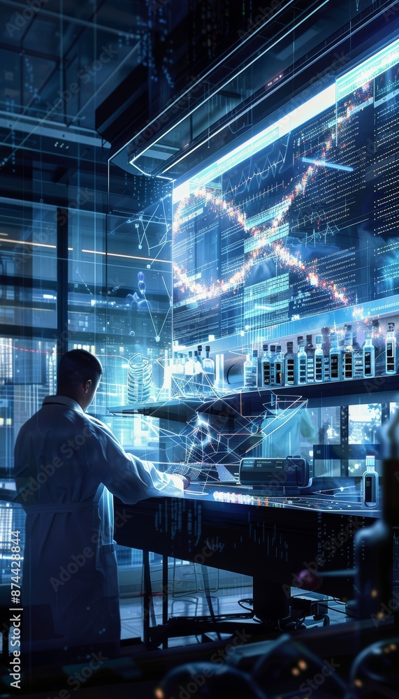 Poster high-tech biotech lab with researchers synthesizing dna and analyzing genetic sequences on screens