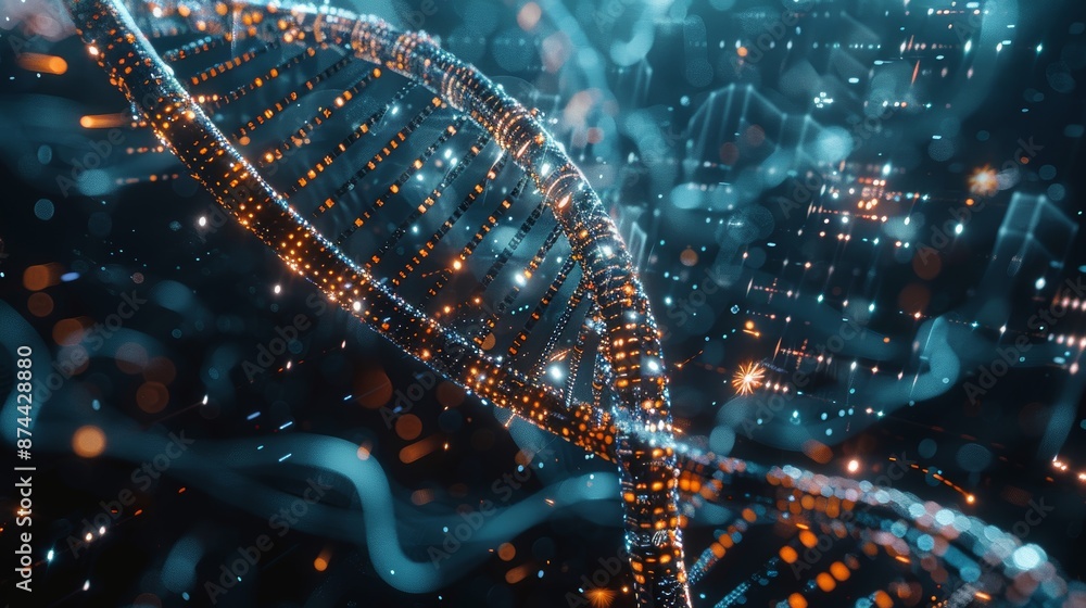 Poster 3d rendering of a dna molecule surrounded by abstract digital data, ideal for genetic and health top