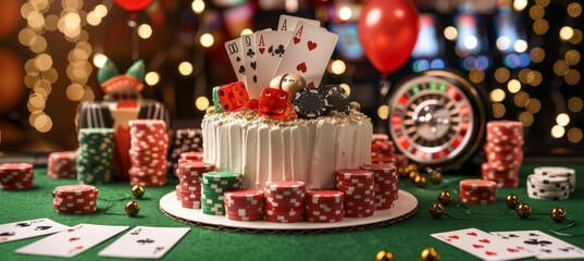 Casino-Themed Birthday Cake Decorated with Cards, Dice, and Poker Chips for Party Celebration