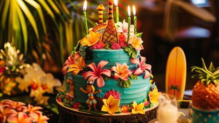 Hawaiian Luau Themed Birthday Cake with Tiki Torches, Hula Dancers, and Tropical Flowers