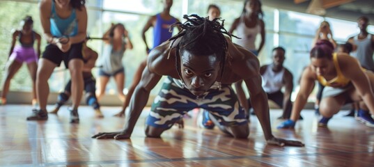 Energetic Fitness Class with Breakdancer Promoting Teamwork and Mutual Support