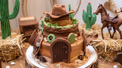 Wild West Themed Birthday Cake with Cowboy Hats and Cacti Decorations for Party Celebrations