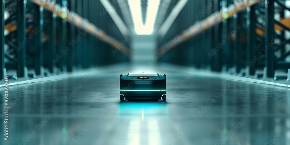 Poster automating inventory management and delivery in a storage warehouse with robots. concept warehouse r