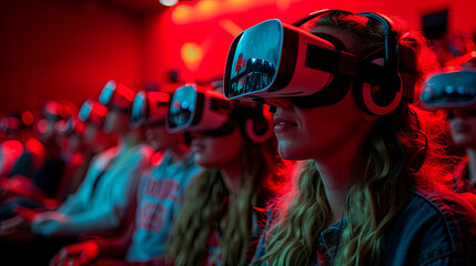 Group of people experiencing virtual reality with VR headsets in a red-lit room. Ideal for tech companies, gaming industries, educational institutions, and entertainment businesses. Concept of technol