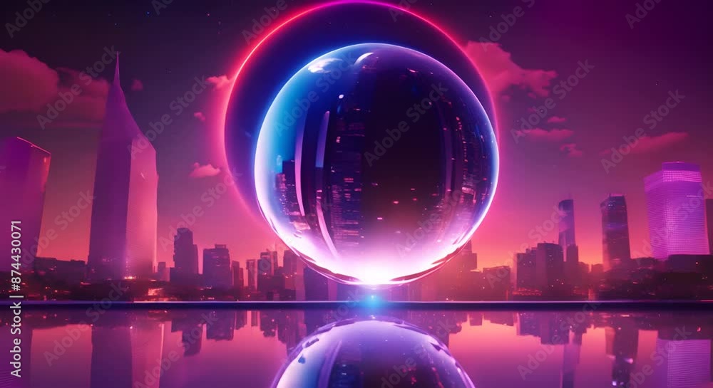 Sticker a glowing blue sphere sits in front of a futuristic cityscape there is a red sky and blue and purple