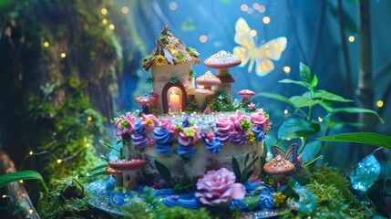 Whimsical Woodland Fairy Birthday Cake with Edible Fairy Houses and Mushrooms**