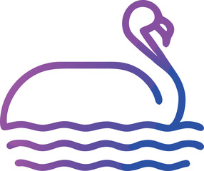 Gradient flamingo float outlined in blue and purple, on wavy water lines.