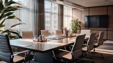 Professional setting with wheelchair users, sleek conference room, inclusive atmosphere