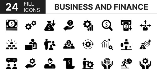 Collection of 24 business and finance fill icons featuring editable strokes. These outline icons depict various modes of business and finance, business, finance, money, bank, vector, icon, set, 