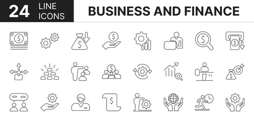 Collection of 24 business and finance line icons featuring editable strokes. These outline icons depict various modes of business and finance, business, finance, money, bank, vector, icon, set, 