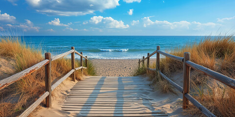 Fototapeta premium A wooden boardwalk leading to a serene and empty beach 