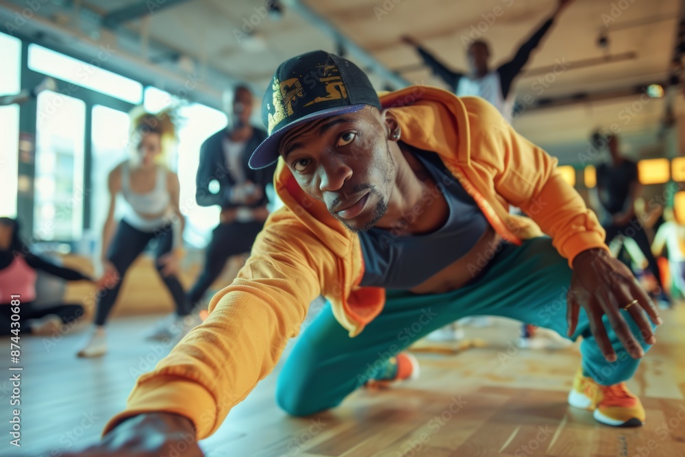 Poster energetic breakdancer leading warm-up session in dynamic fitness class setting
