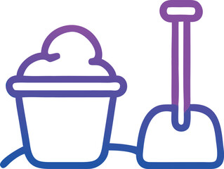 Gradient sand bucket and shovel outlined in blue and purple, with simple shapes.