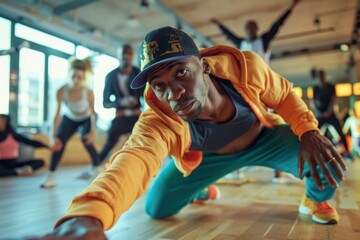 Fototapeta premium Energetic Breakdancer Leading Warm-Up Session in Dynamic Fitness Class Setting