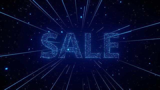 An animated Sale sign with blue lights and particle effects. 3d animation loop of 4K