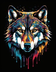 Fototapeta premium A wolf, rendered in a striking blend of colors, stares intently from the artwork, its piercing gaze conveying both power and mystery