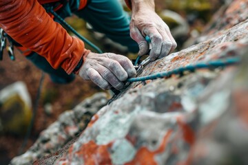 Obraz premium Close-up of Climber Clipping Quickdraw Into Bolt on Outdoor Rock Climbing Route