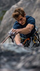 Fototapeta premium Rock Climber Demonstrating Proper Belaying Technique and Hand Position on a Steep Cliff