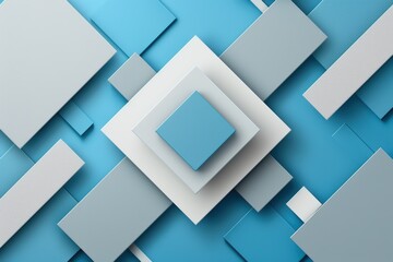 Geometric abstract background with layered squares and rectangles in blue, gray, and white tones.