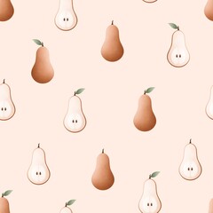Seamless pattern of cute minimalist pears with leaves