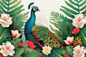 A vibrant peacock surrounded by lush tropical foliage and blooming flowers.