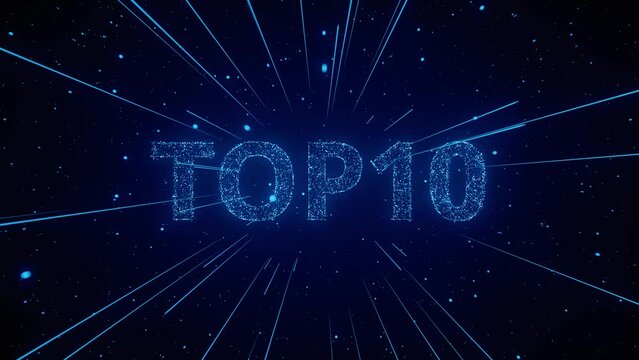 A digital countdown animation with the text TOP 10 appearing on a black background with blue lines and dots. Ranking TOP10. Hi Tech Countdown. 3d animation loop of 4K