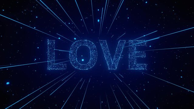 A shimmering blue Love particle animation with stars and light streaks on a dark background. 3d animation loop of 4K