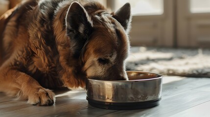 Obraz premium Senior Dog Peacefully Eating from Specialized Bowl in Cozy Home Environment