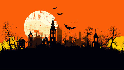 Scary Halloween isolated background. City panorama in Halloween style. Orange and yellow background. Vector illustration, Halloween 2025, spooky cityscape vector, Halloween night background.