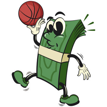 recommend clip art: character of a bundle of cash money cartoon vector isolated clip art mascot illustration playing basketball, work of hand drawn