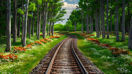 Obraz premium Railroad tracks winding through a green forest with beautiful flowers.
