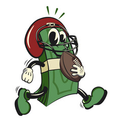 character of a bundle of cash money cartoon vector isolated clip art mascot illustration playing american football, work of hand drawn