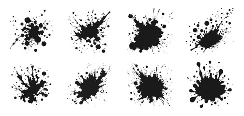 Trendy set with abstract ink splashes with streaks, smeared with paints. Modern vector illustration for templates.