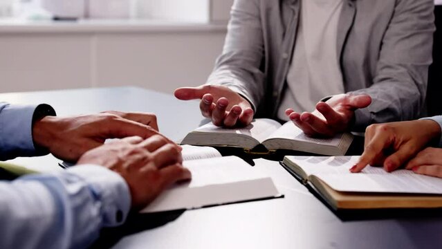 Christian Preacher Reading Holy Bible With Friends in Study Circles, Hispanic