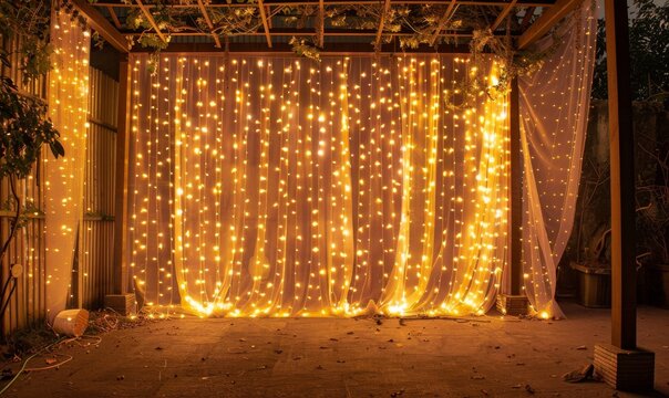 curtain lights and fairy light string on an outdoor wedding stage with warm, romantic ambiance, creating a cozy vibe with wooden structures and white gauze curtains