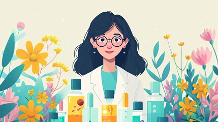 Illustration of a woman scientist in a lab coat surrounded by colorful flowers and lab bottles, blending science and nature