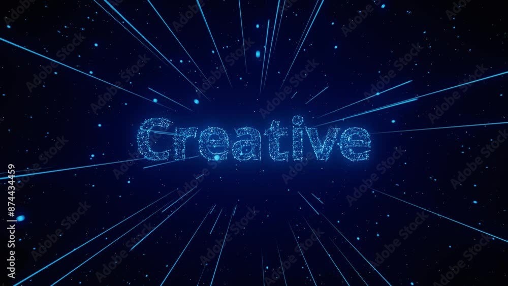 Poster a particle animation of the word creative with blue lines radiating outwards. technology concept inn