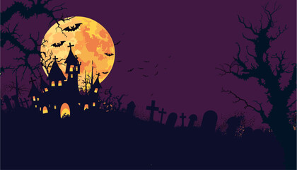 Scary Halloween vector background. Spooky haunted house and graveyard at night cartoon illustration. Horror moon, bats, and graves silhouettes creepy backdrop. Gothic panorama with cemetery, Halloween