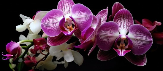 Purple Orchids in Full Bloom Against a Black Background