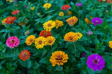 Vibrant garden of colorful zinnia flowers in full bloom with lush green foliage