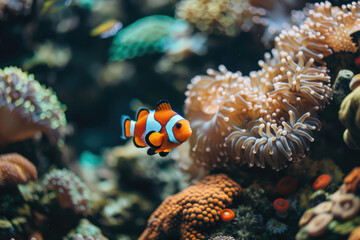 Fototapeta premium Clownfish swimming among vibrant coral reefs